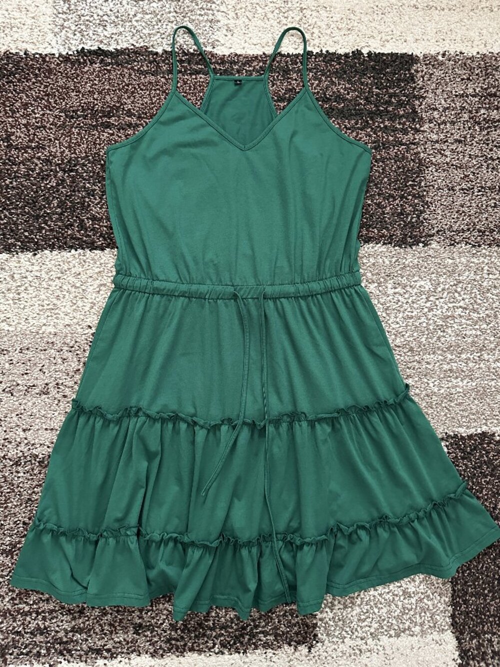 NEWSHOWS (L) Dark Green Ruffle Sun Dress A-Line Sundress Drawstring Strappy